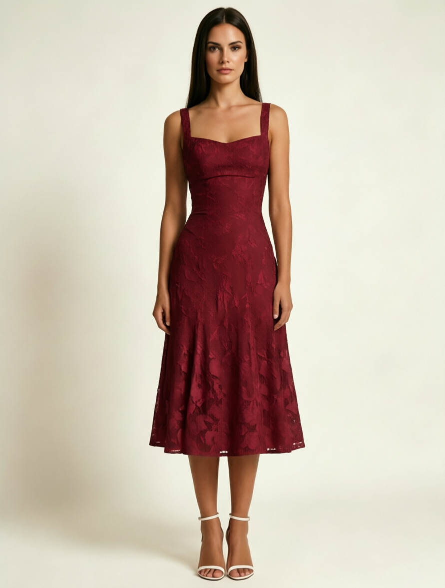 3D Floral Jacquard Square Neck Midi Dress