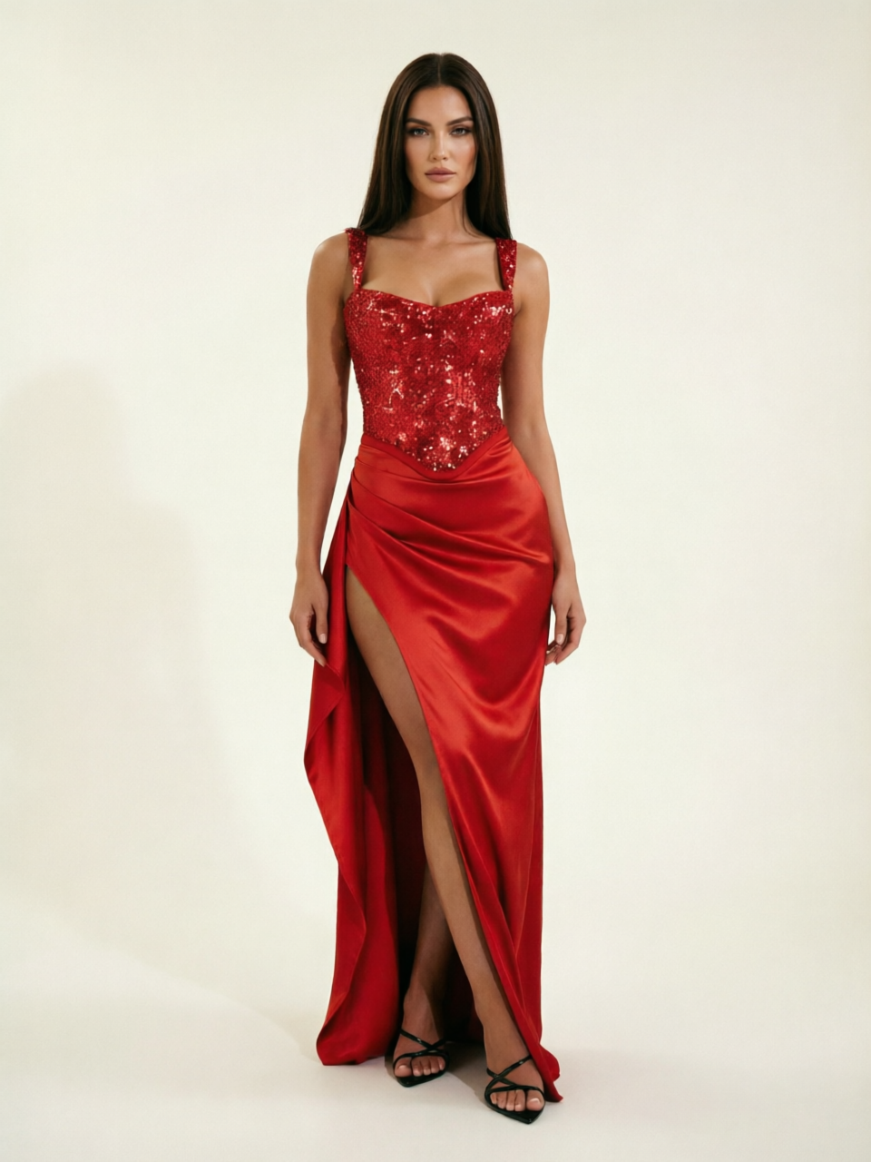 Sequin Corset Satin High Slit Formal Maxi Dress