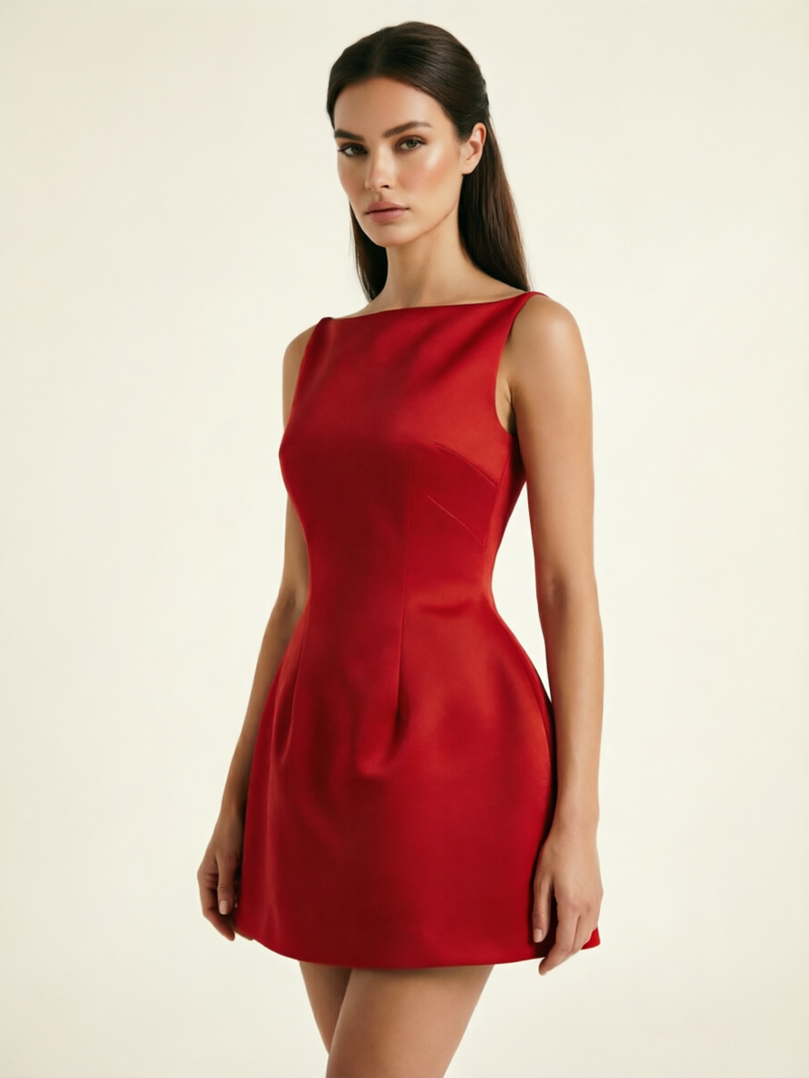 Satin Boat Neck Open Back Fit & Flare Mini Dress