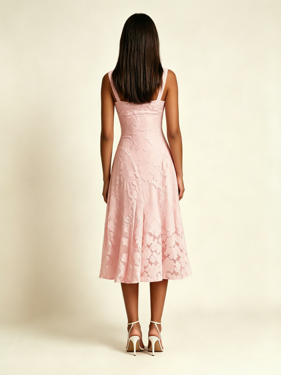 3D Floral Jacquard Square Neck Midi Dress