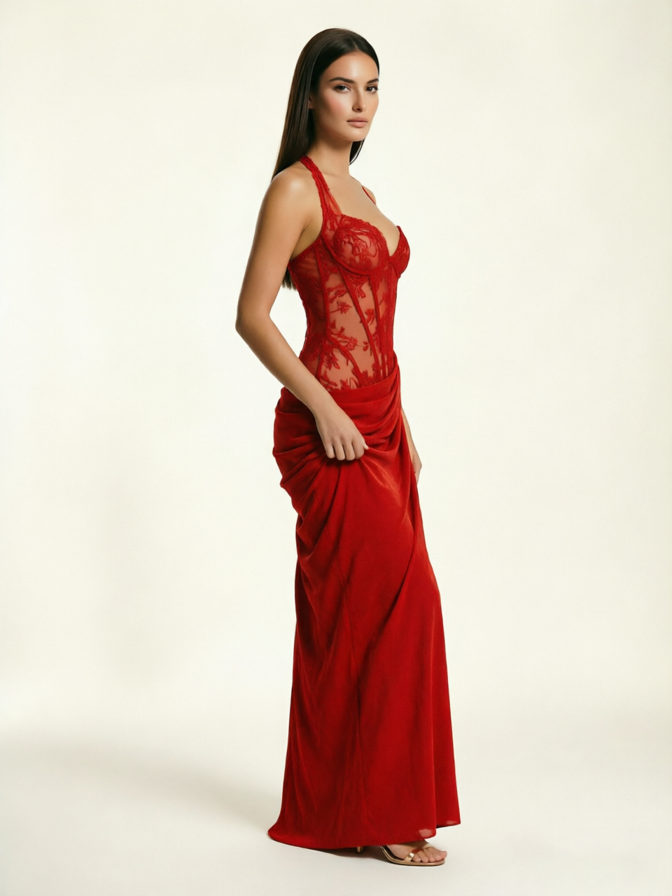 Lace Corset Halter High Slit Formal Dress