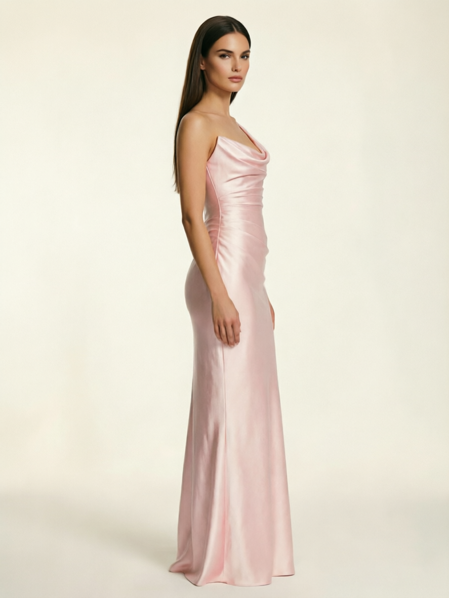 Single-shoulder satin back strap design formal dress
