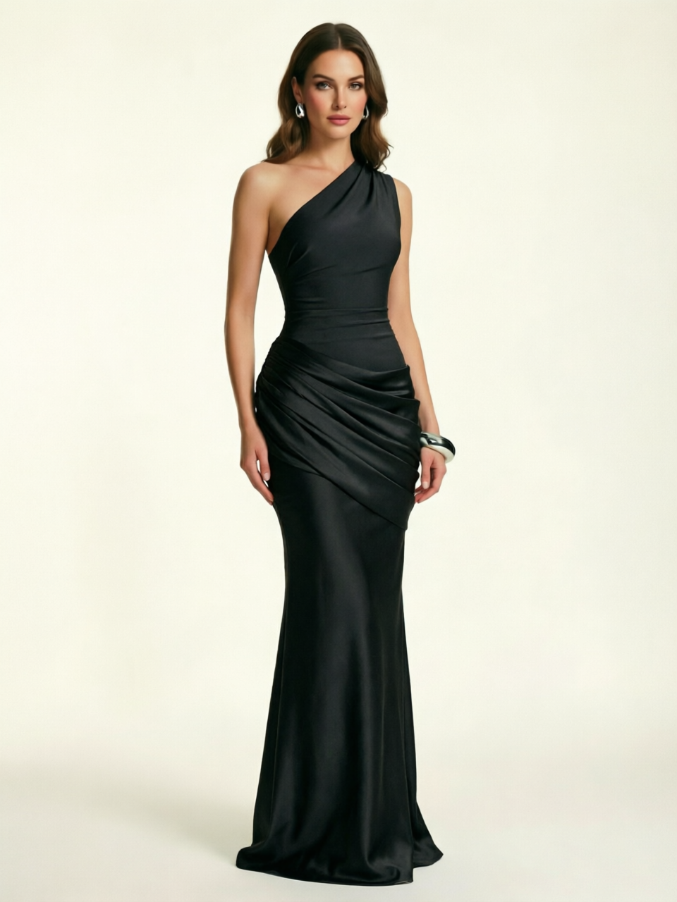Single-shoulder satin floor-length evening dress