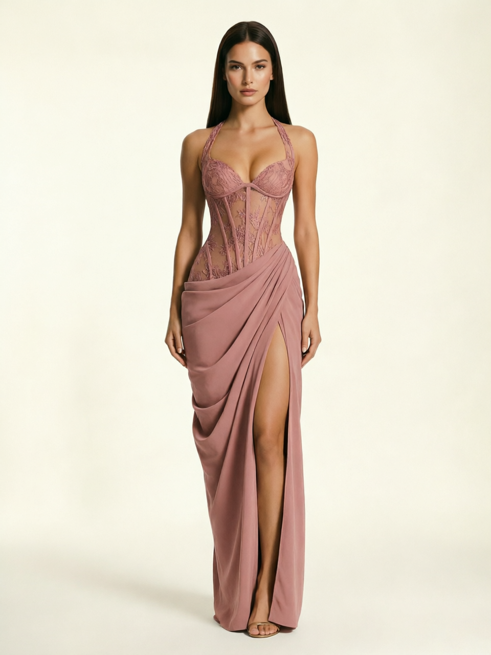 Lace Corset Halter High Slit Formal Dress