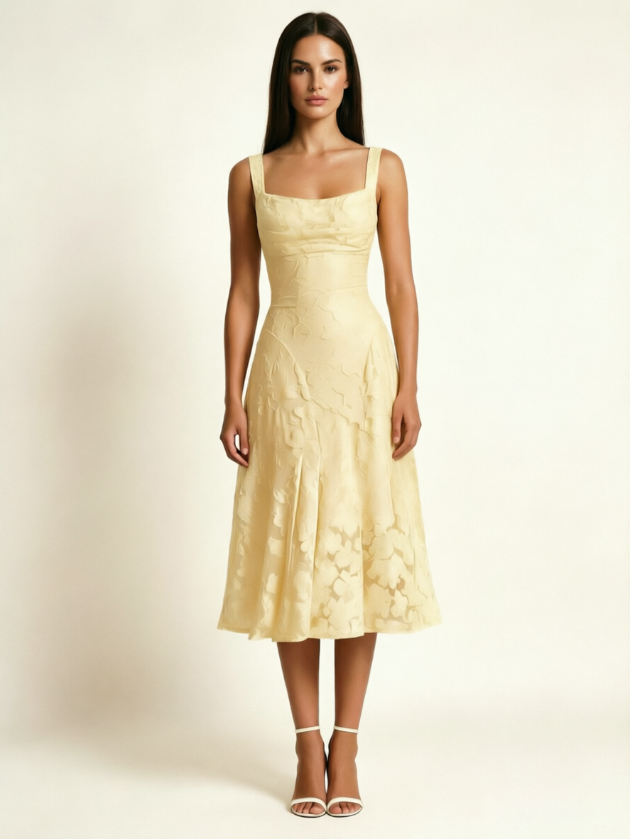 3D Floral Jacquard Square Neck Midi Dress