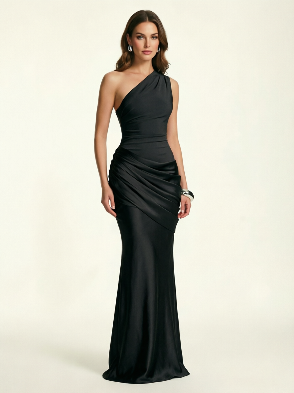 Single-shoulder satin floor-length evening dress
