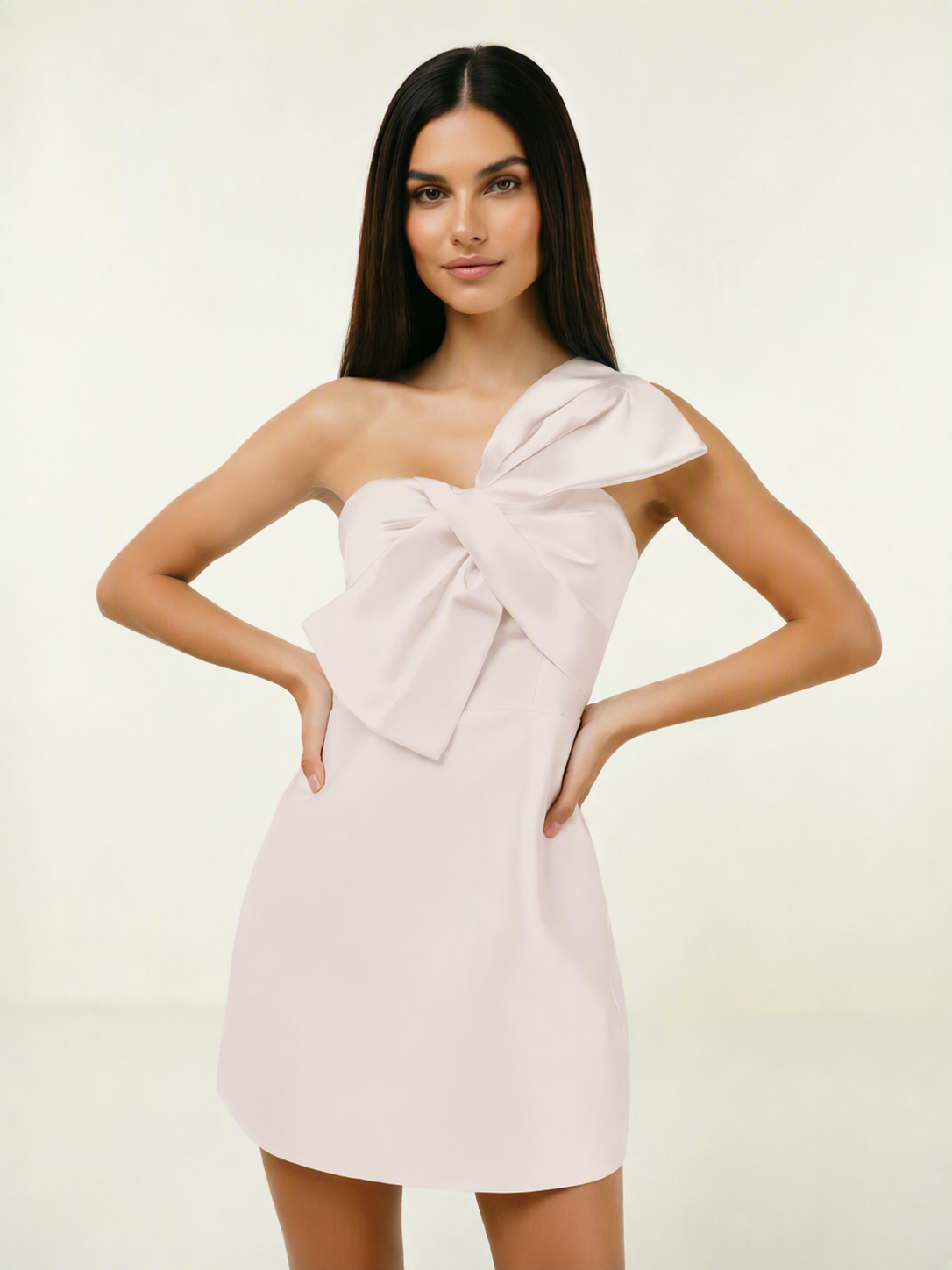One Shoulder Oversized Bow Satin Mini Dress