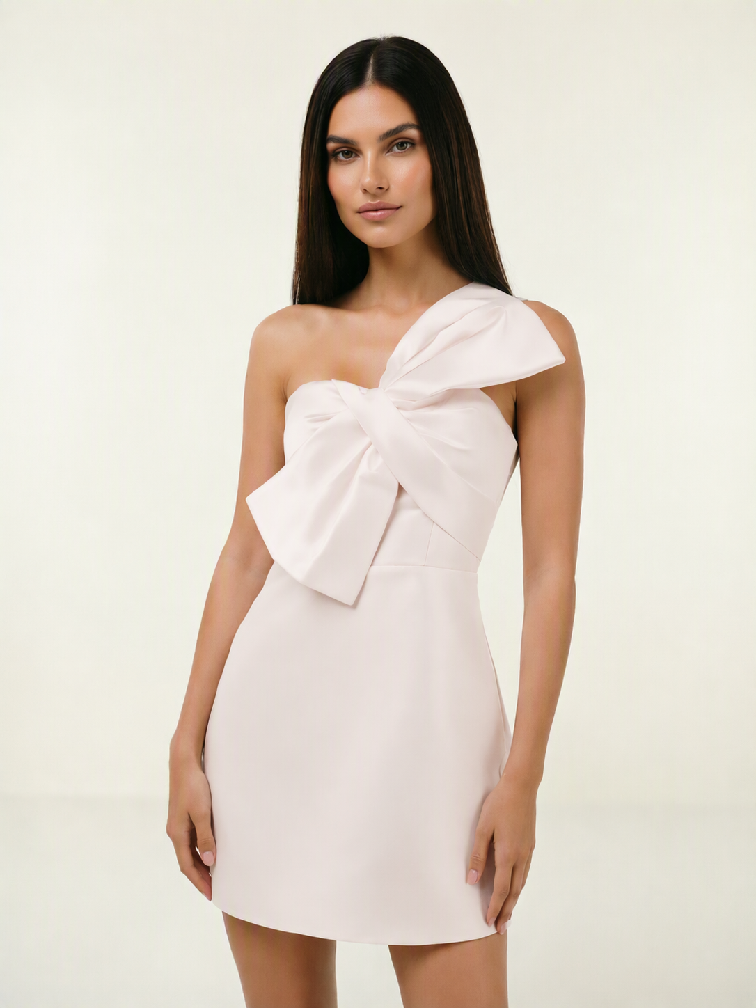 One Shoulder Oversized Bow Satin Mini Dress