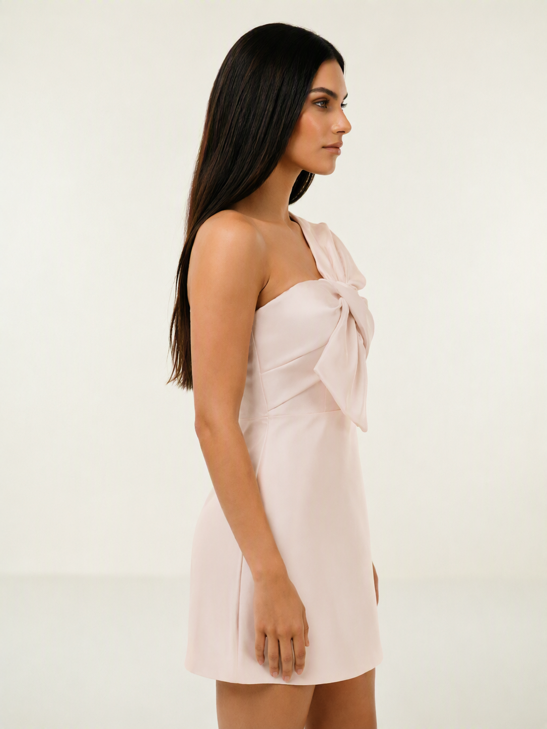 One Shoulder Oversized Bow Satin Mini Dress