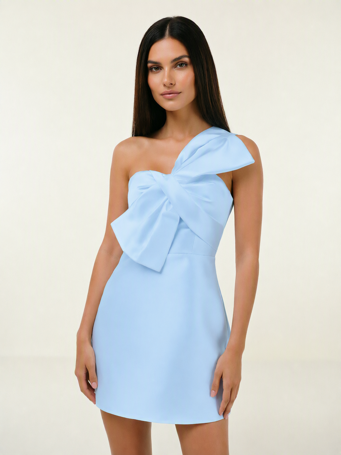 One Shoulder Oversized Bow Satin Mini Dress