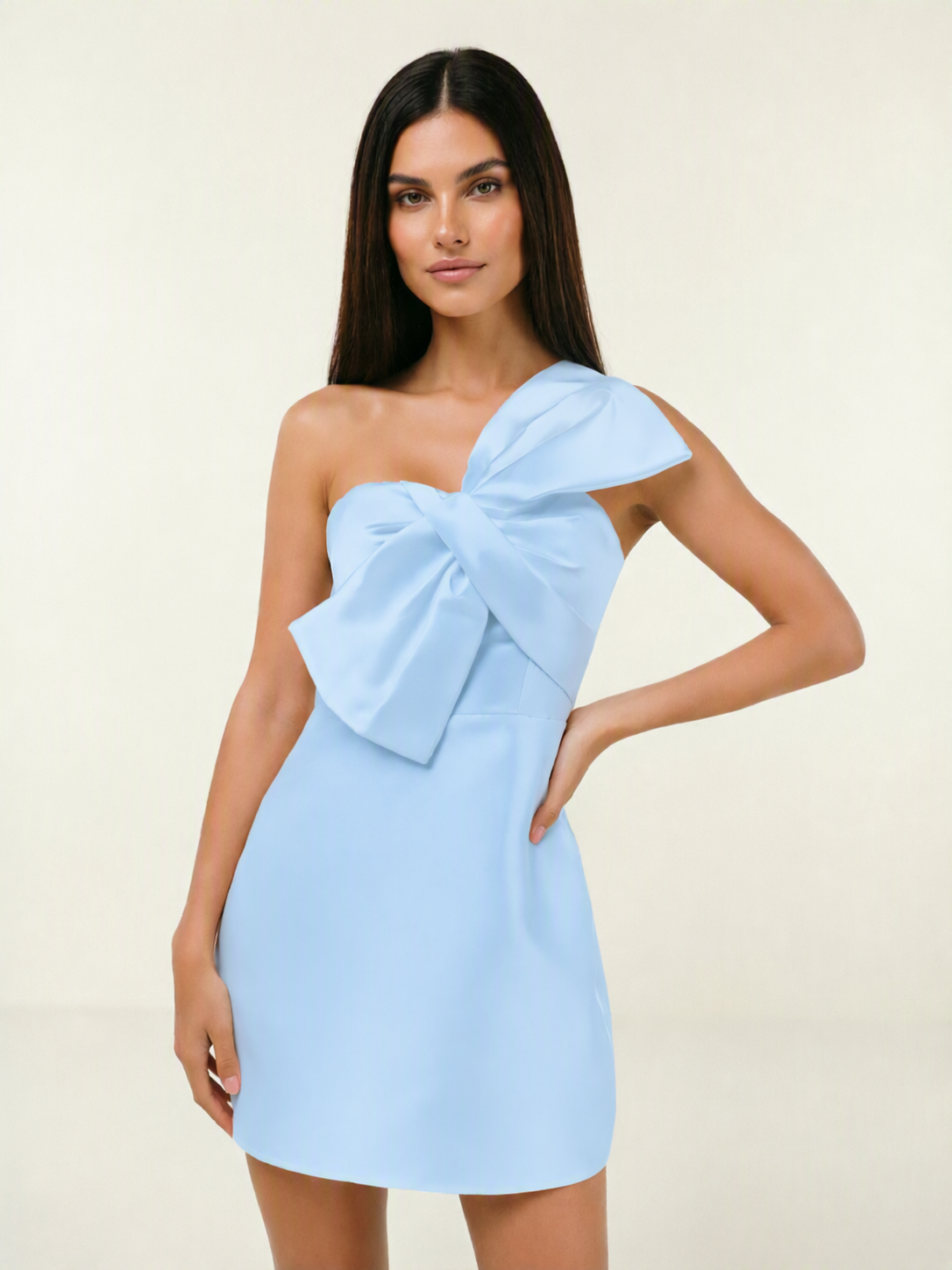 One Shoulder Oversized Bow Satin Mini Dress