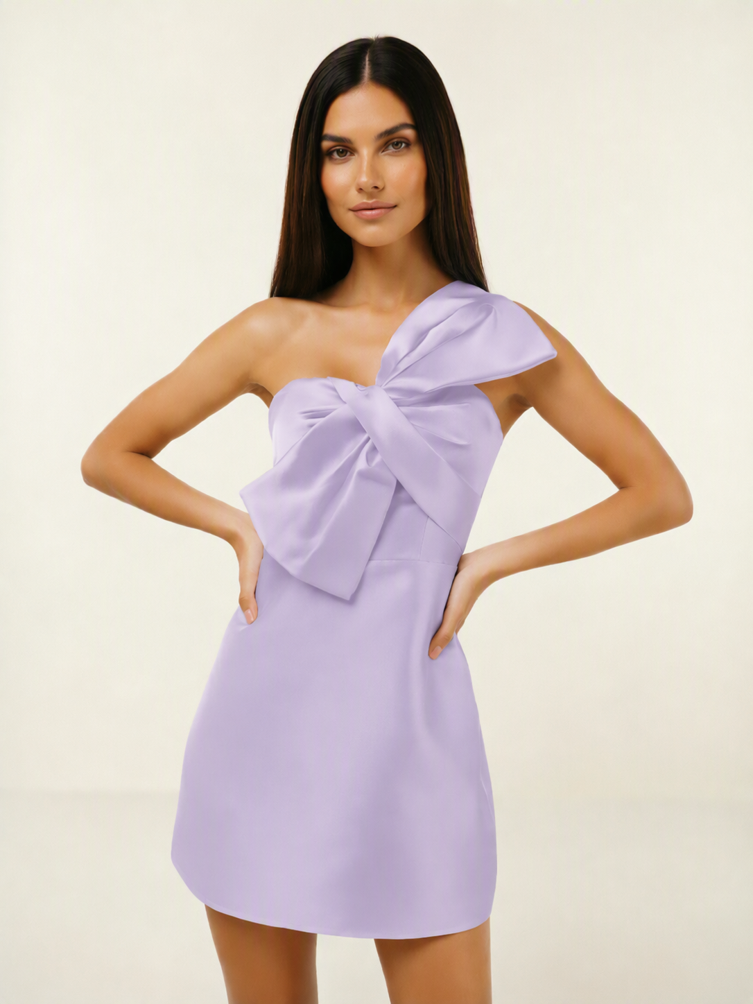 One Shoulder Oversized Bow Satin Mini Dress