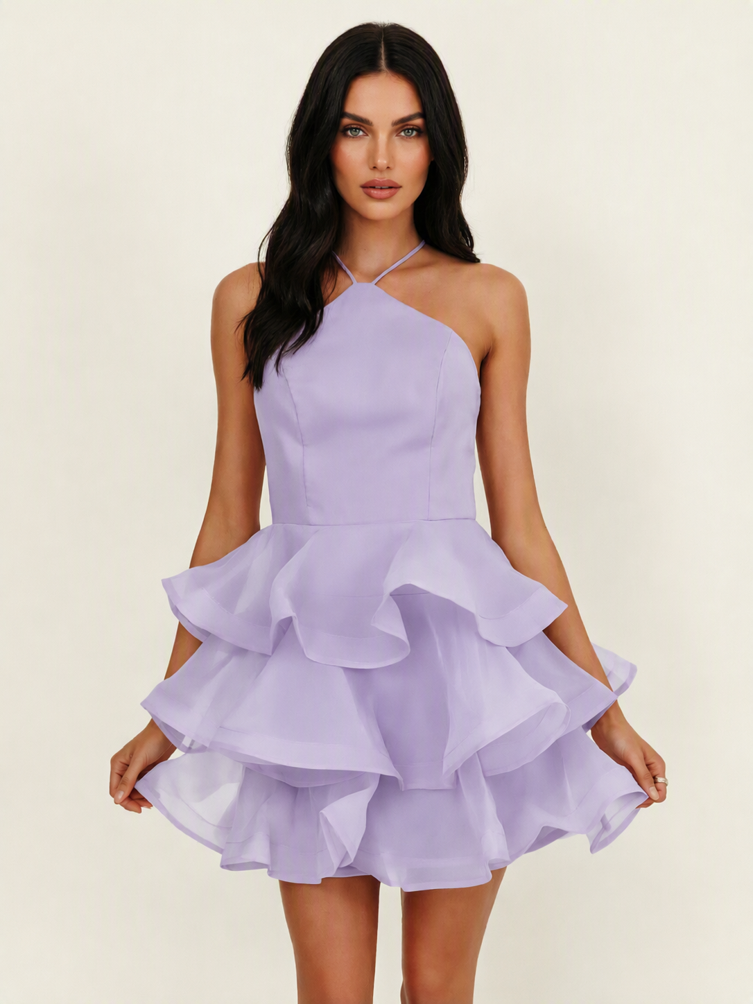 Halter Tiered Ruffle Mini Dress Lace Up Back Cocktail Party Gown