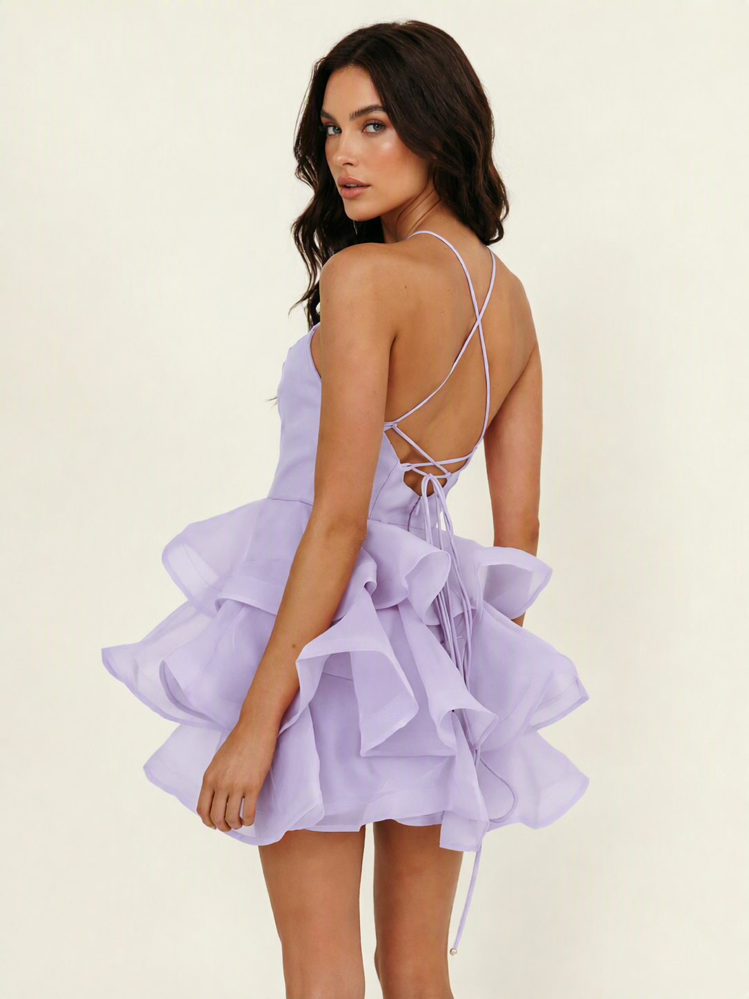 Halter Tiered Ruffle Mini Dress Lace Up Back Cocktail Party Gown