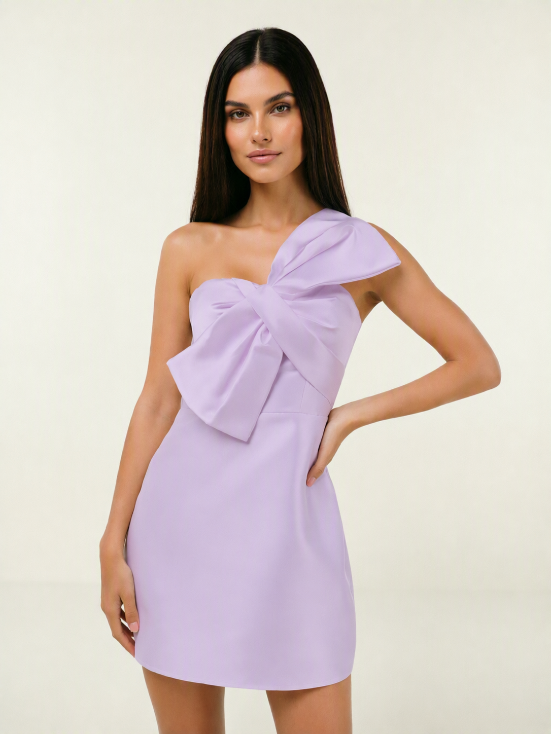 One Shoulder Oversized Bow Satin Mini Dress