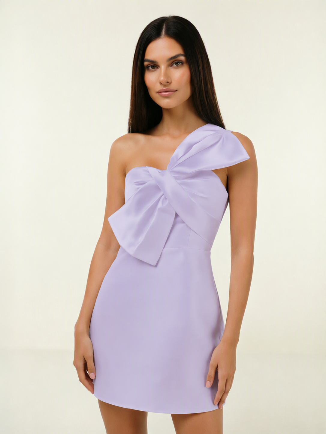 One Shoulder Oversized Bow Satin Mini Dress