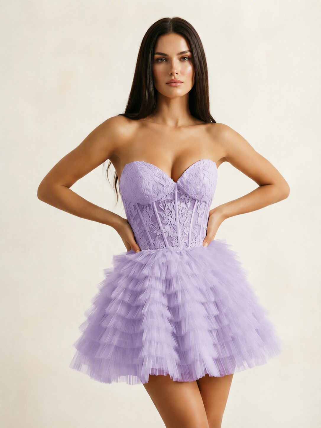 Strapless Lace Corset Tiered Tulle Mini Dress