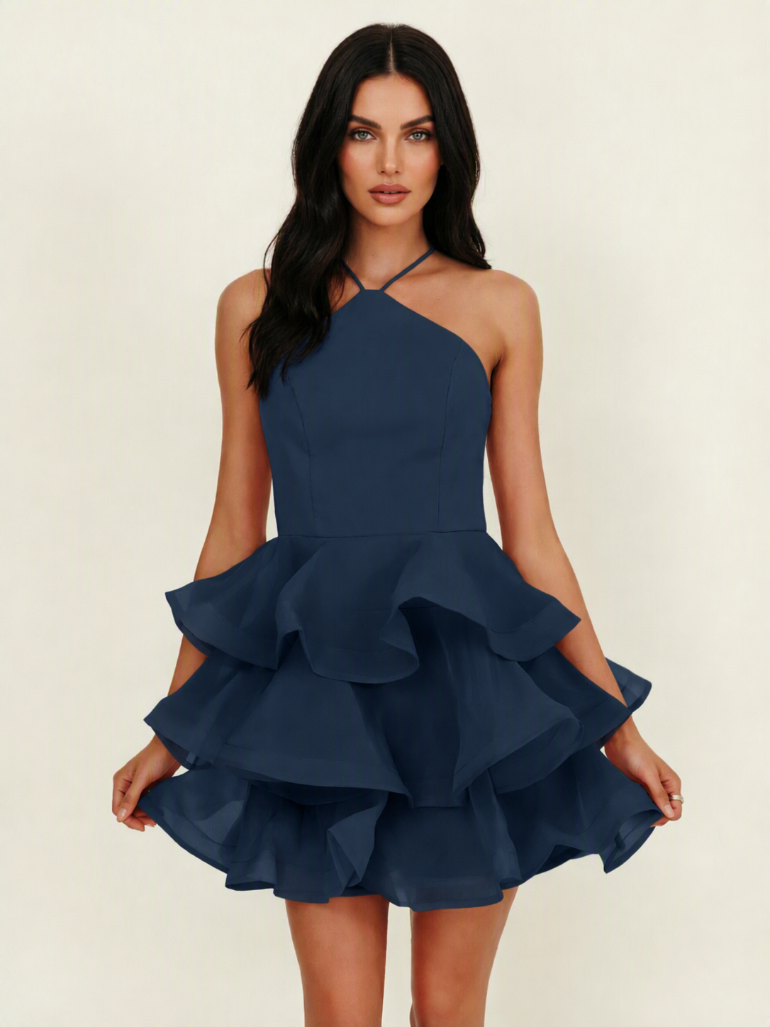 Halter Tiered Ruffle Mini Dress Lace Up Back Cocktail Party Gown
