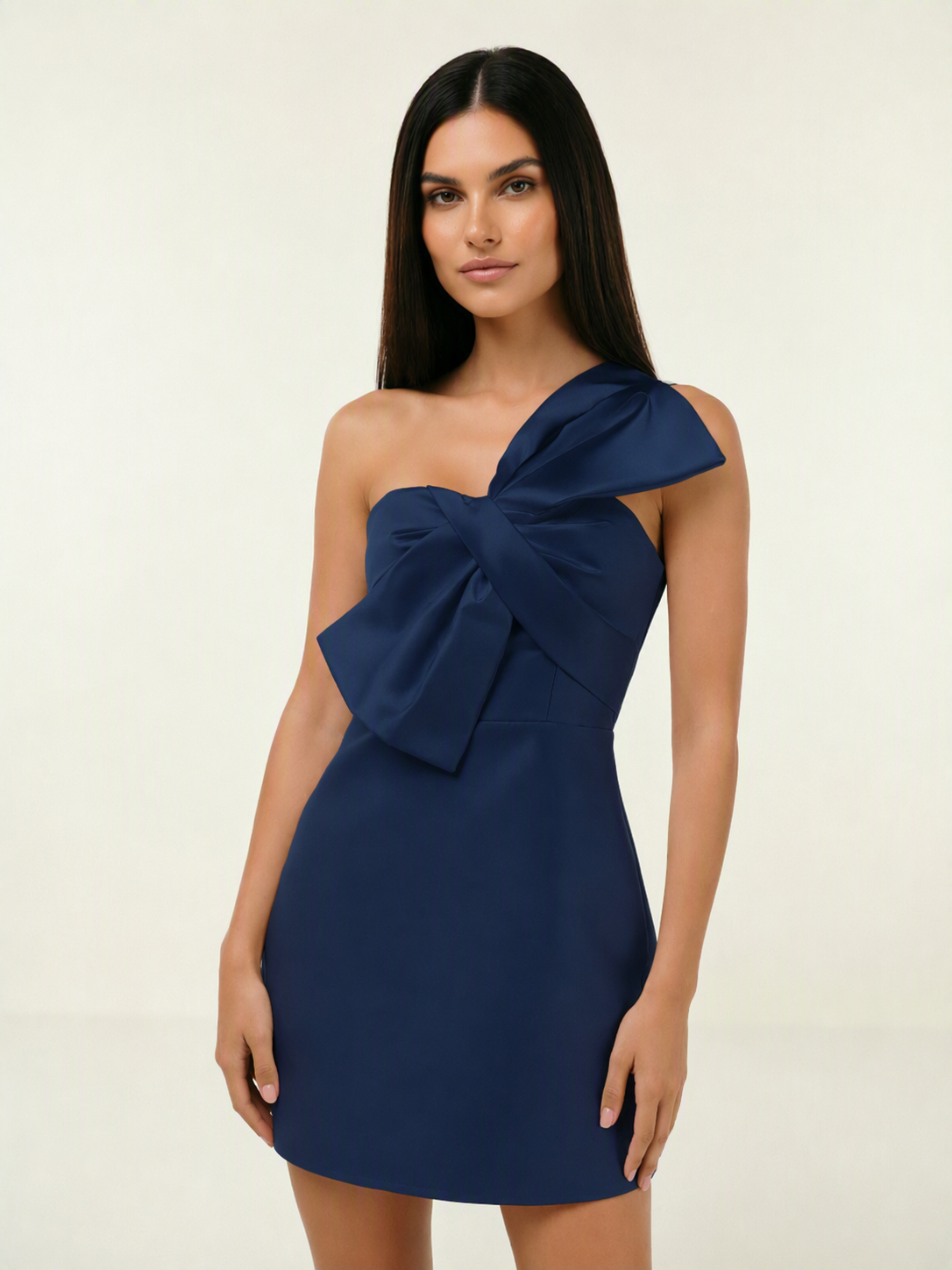 One Shoulder Oversized Bow Satin Mini Dress