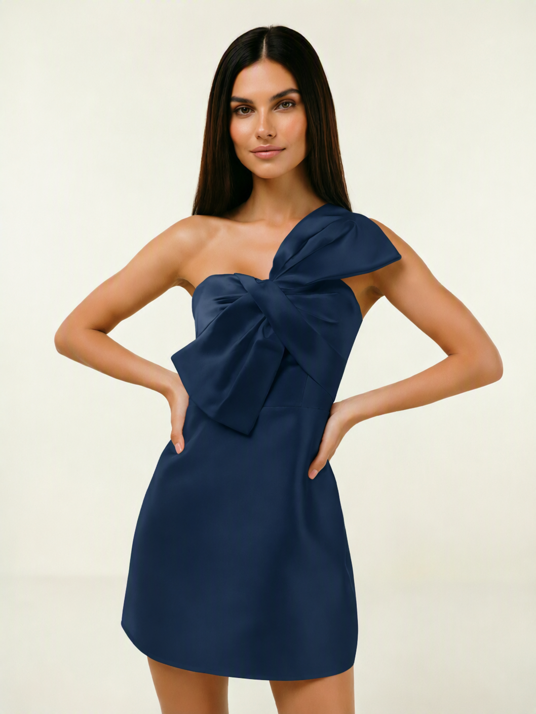 One Shoulder Oversized Bow Satin Mini Dress