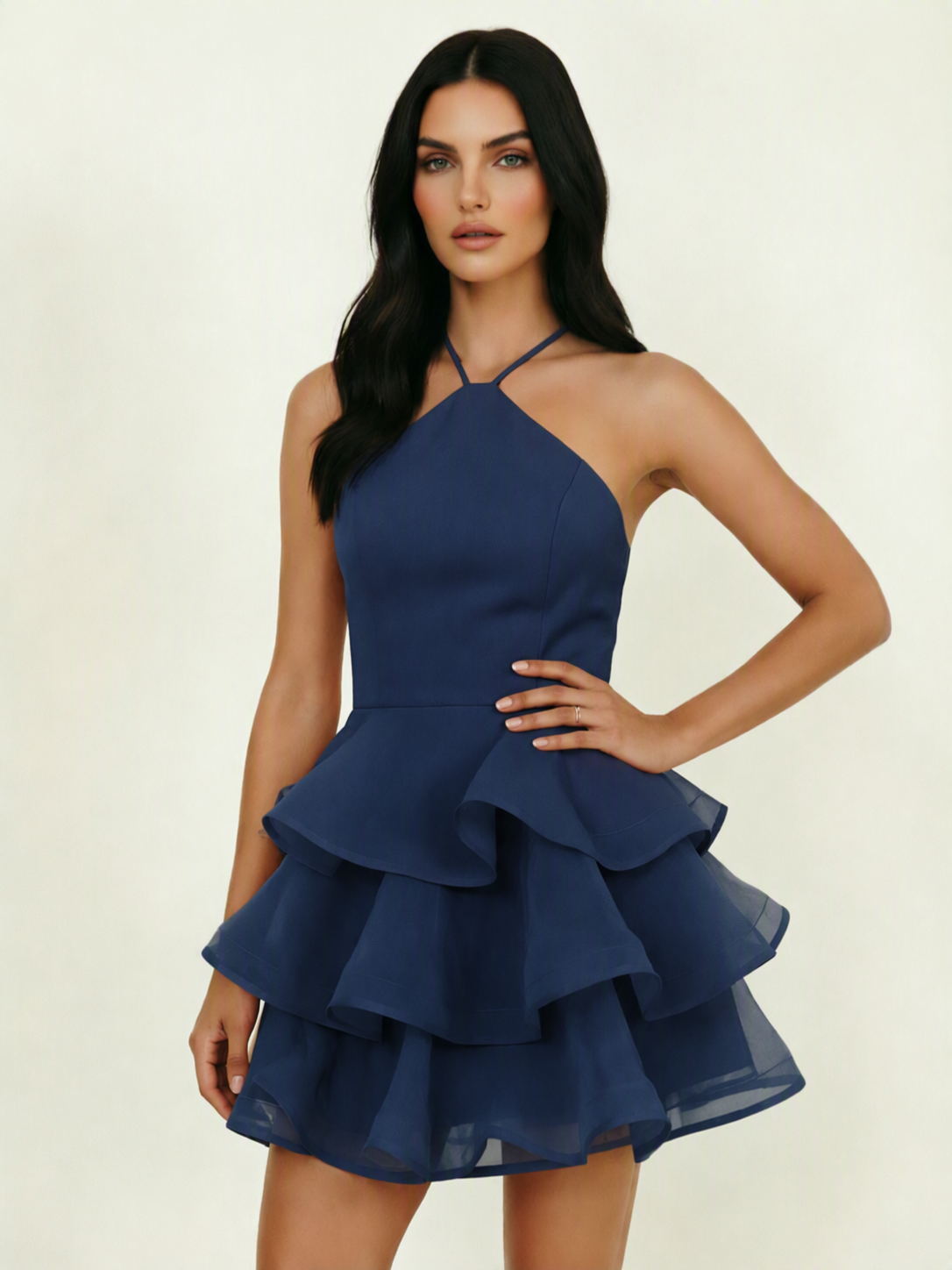 Halter Tiered Ruffle Mini Dress Lace Up Back Cocktail Party Gown