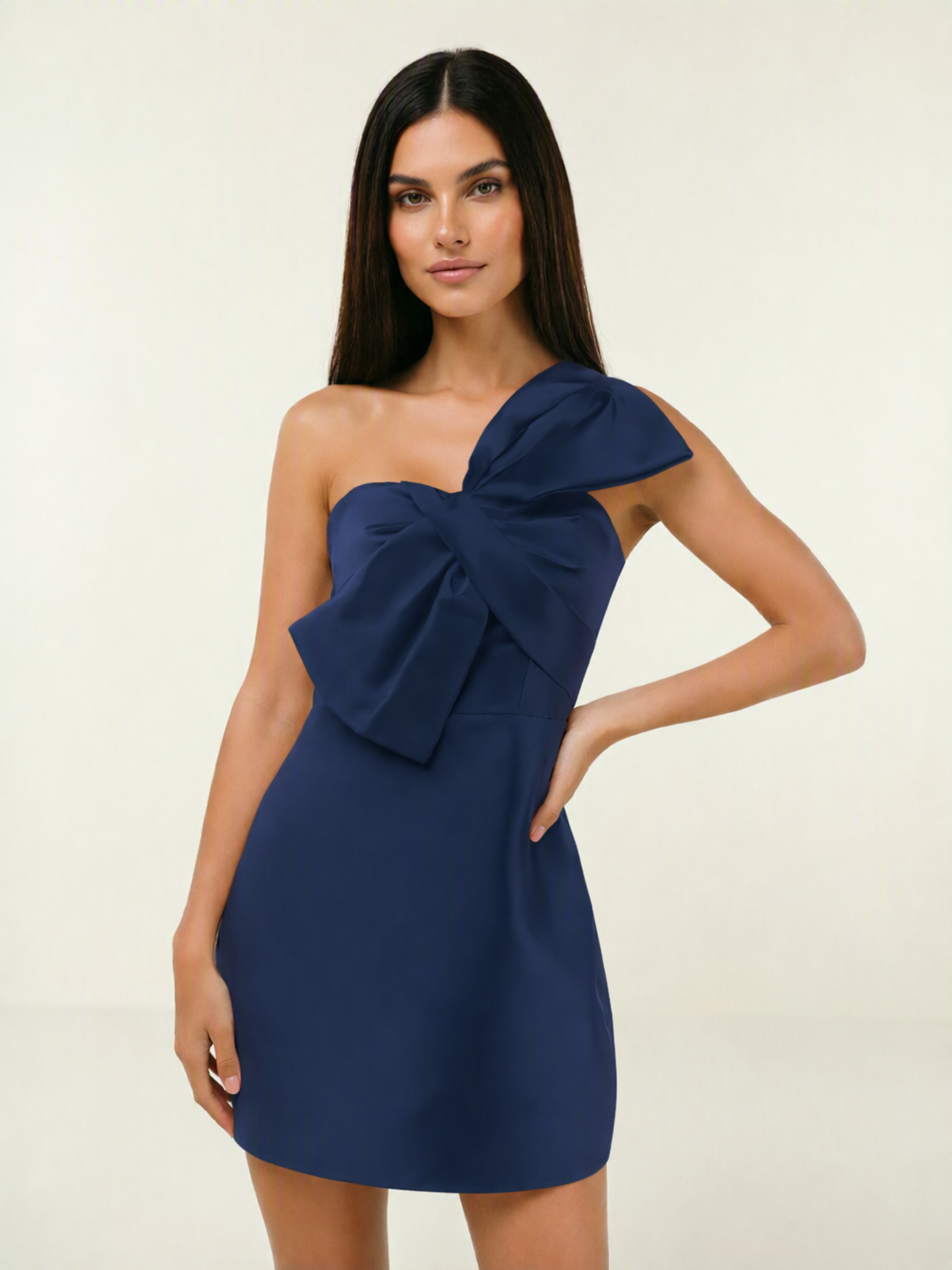 One Shoulder Oversized Bow Satin Mini Dress