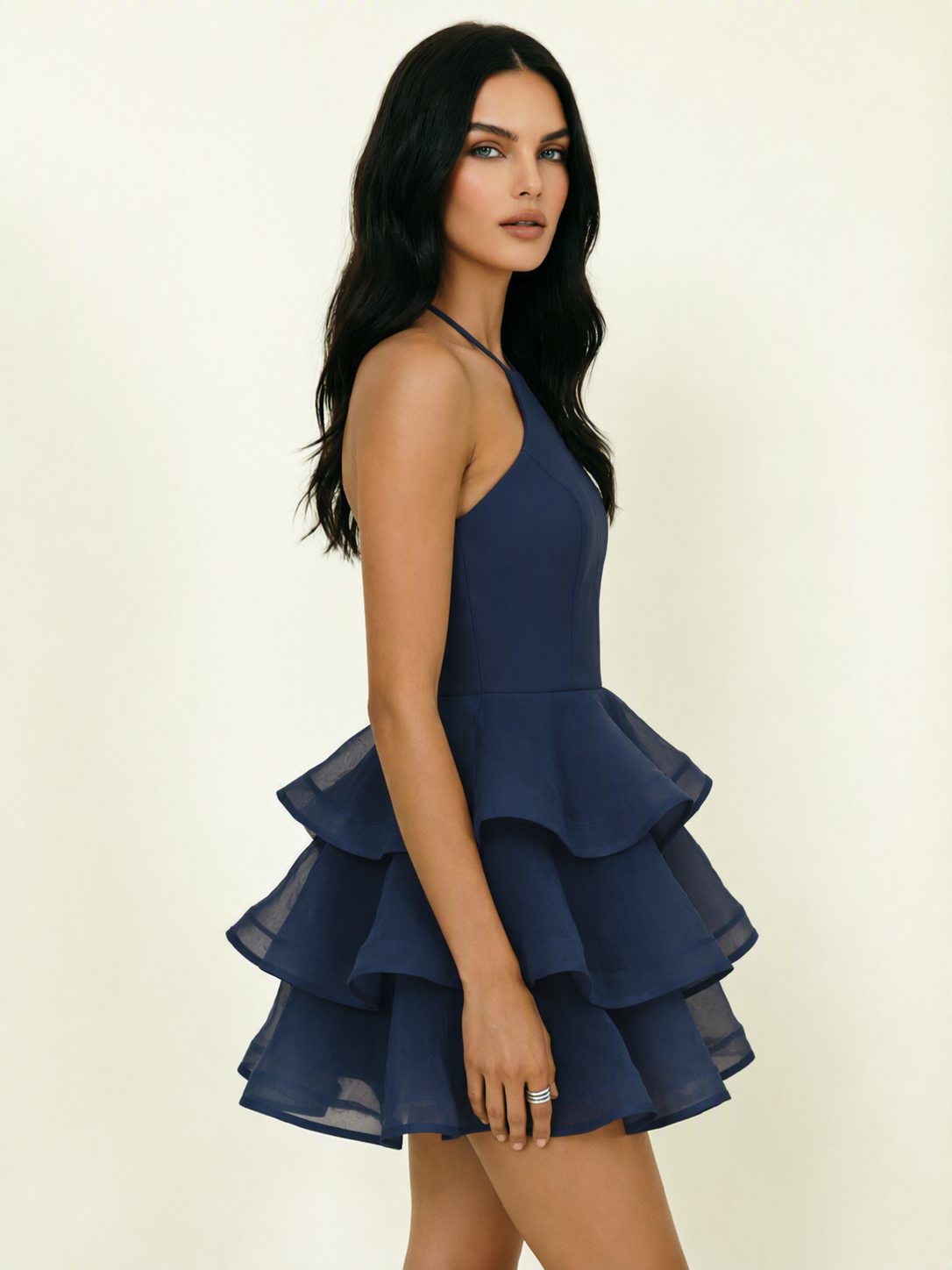 Halter Tiered Ruffle Mini Dress Lace Up Back Cocktail Party Gown