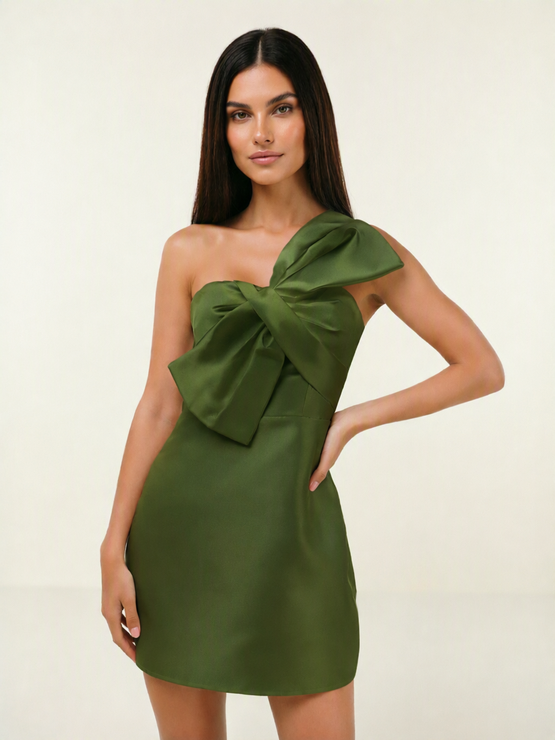 One Shoulder Oversized Bow Satin Mini Dress