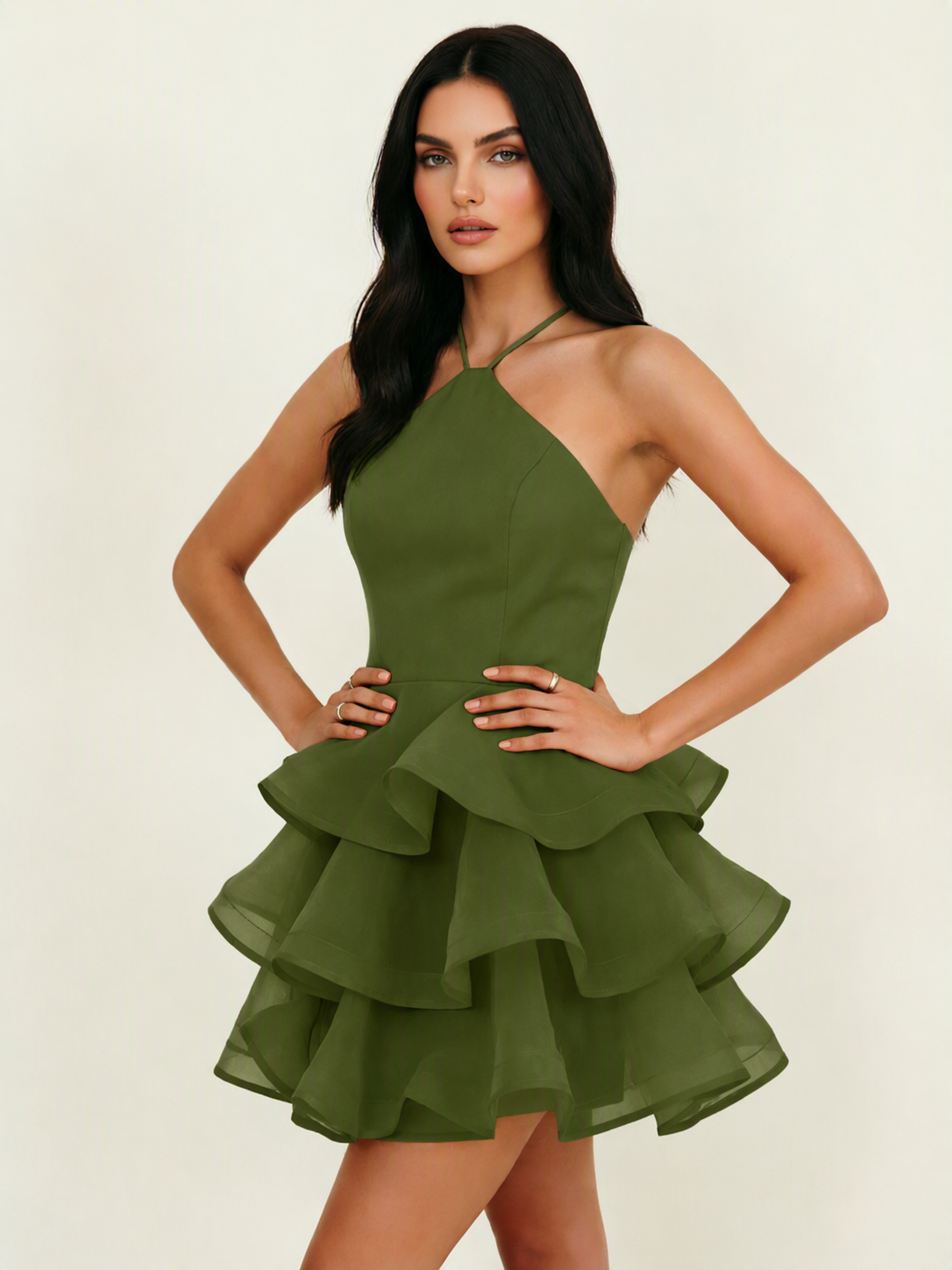 Halter Tiered Ruffle Mini Dress Lace Up Back Cocktail Party Gown