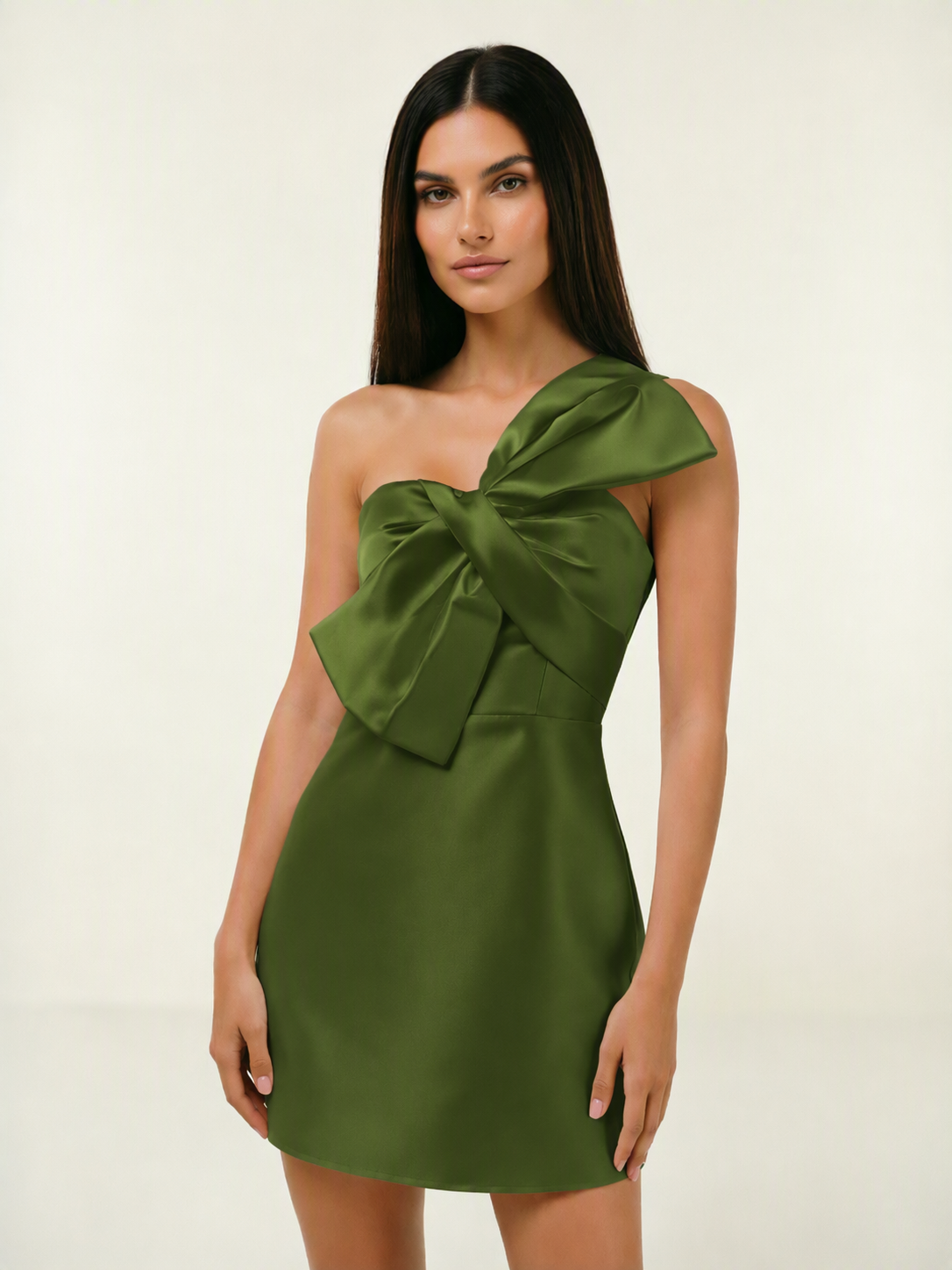 One Shoulder Oversized Bow Satin Mini Dress