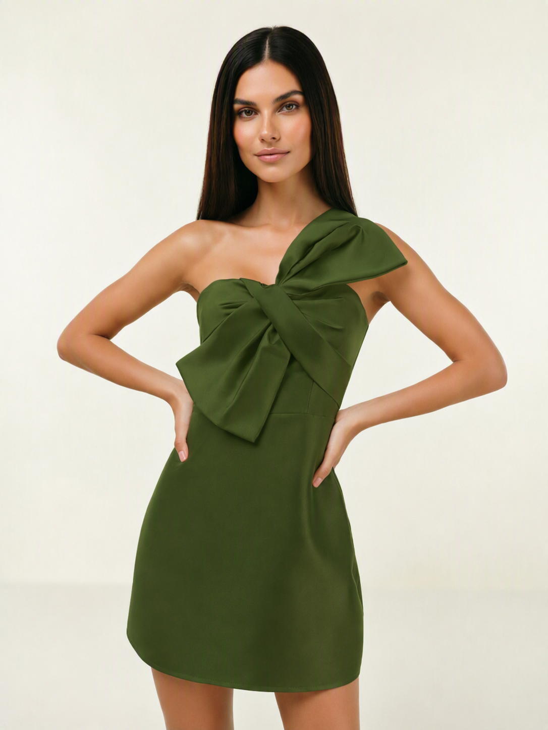 One Shoulder Oversized Bow Satin Mini Dress