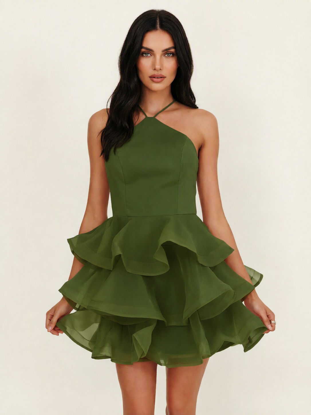 Halter Tiered Ruffle Mini Dress Lace Up Back Cocktail Party Gown