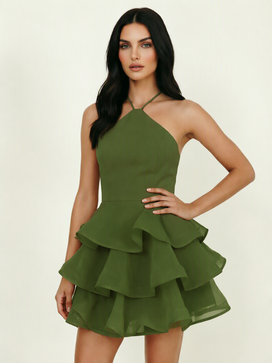 Halter Tiered Ruffle Mini Dress Lace Up Back Cocktail Party Gown