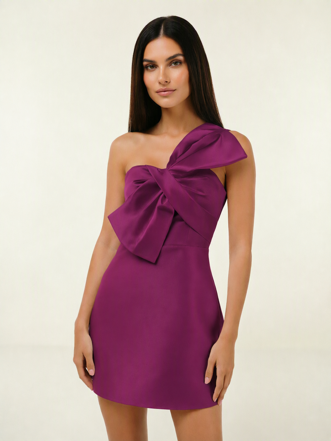 One Shoulder Oversized Bow Satin Mini Dress