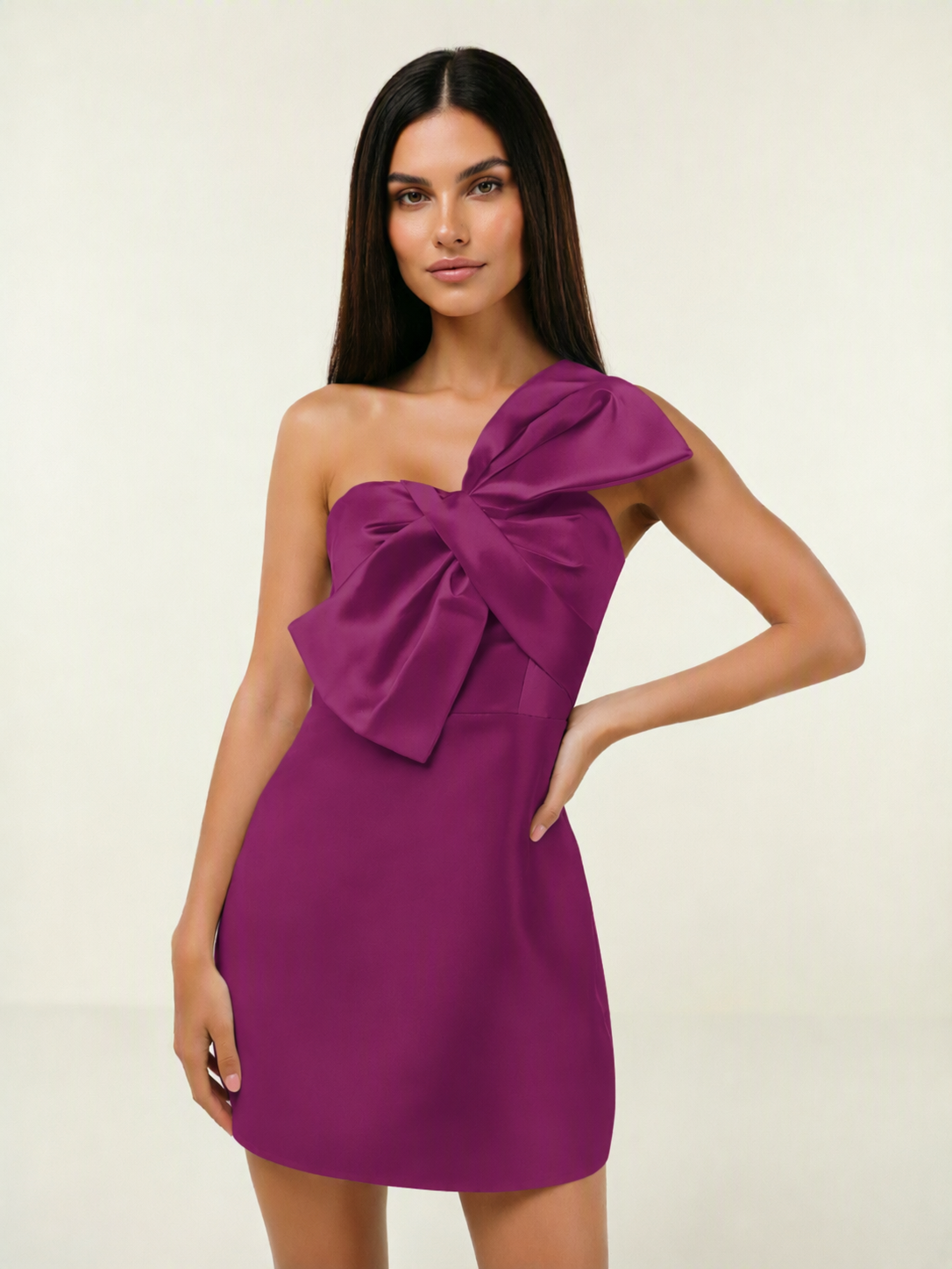 One Shoulder Oversized Bow Satin Mini Dress