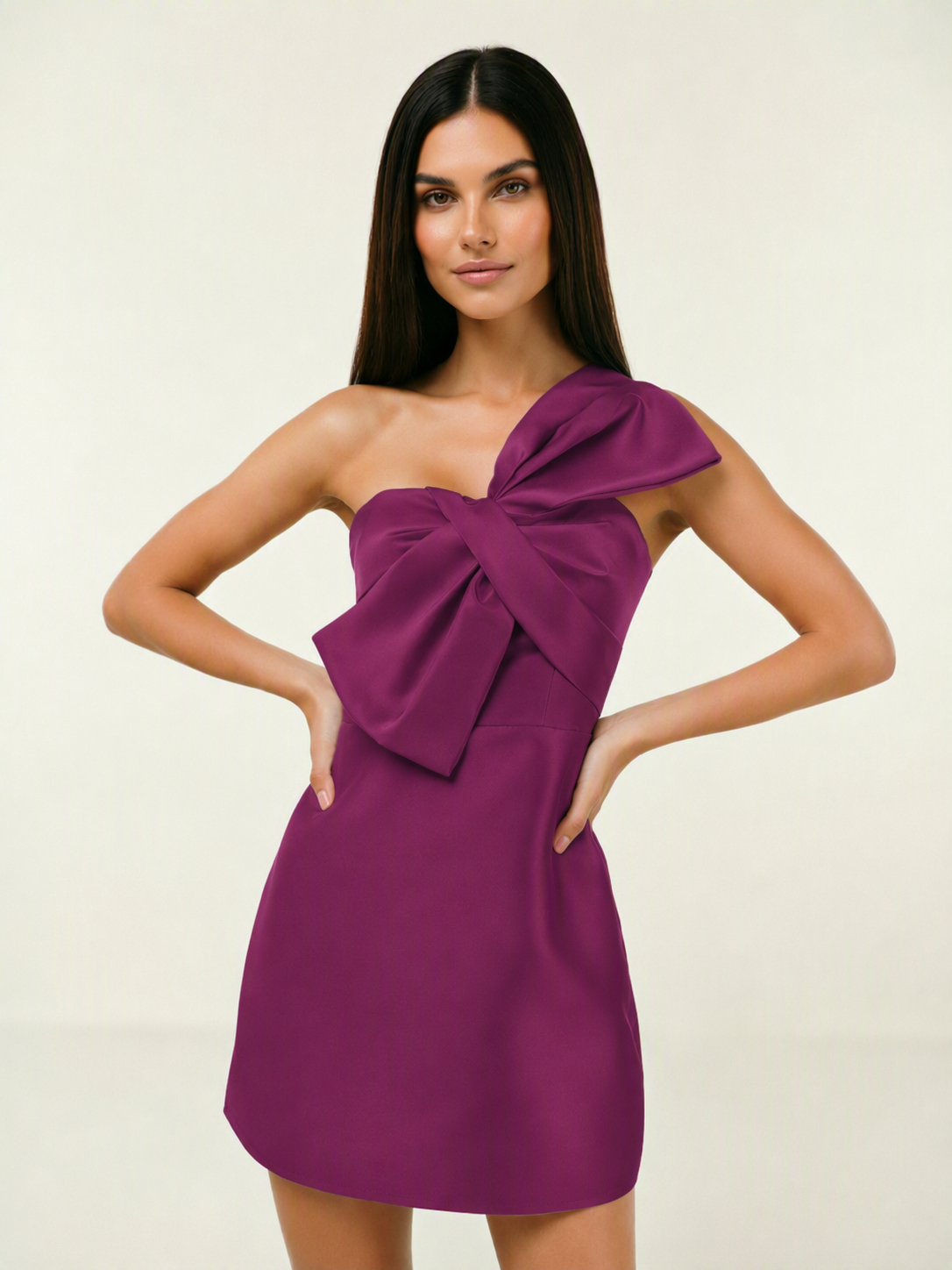 One Shoulder Oversized Bow Satin Mini Dress