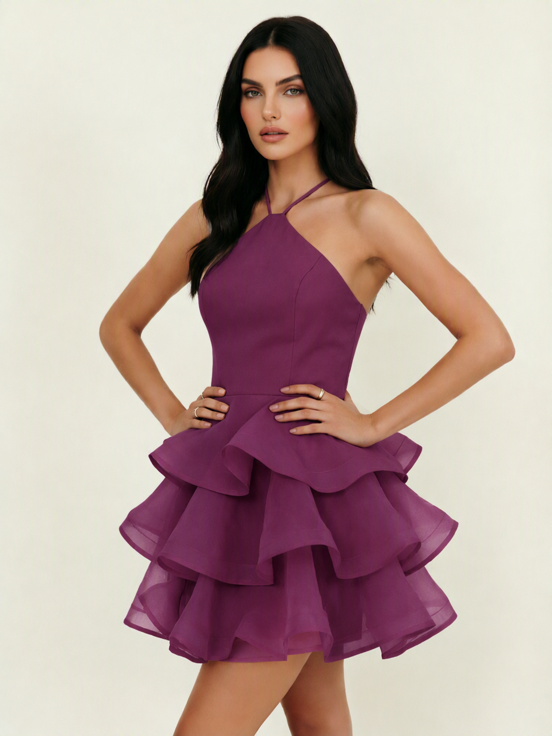 Halter Tiered Ruffle Mini Dress Lace Up Back Cocktail Party Gown