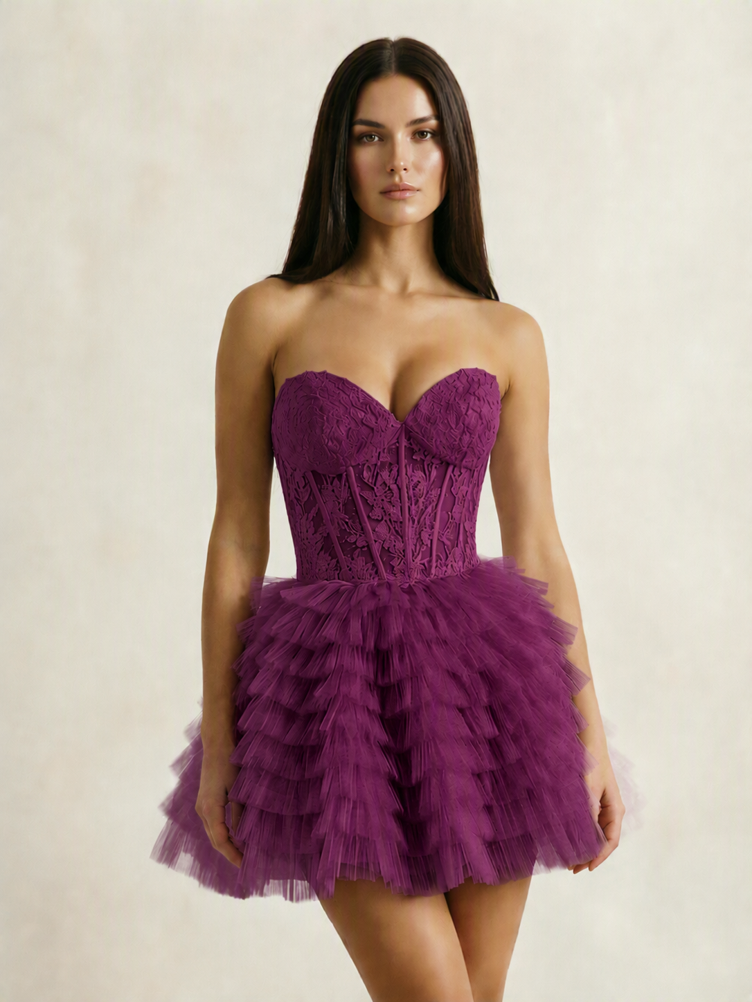 Strapless Lace Corset Tiered Tulle Mini Dress