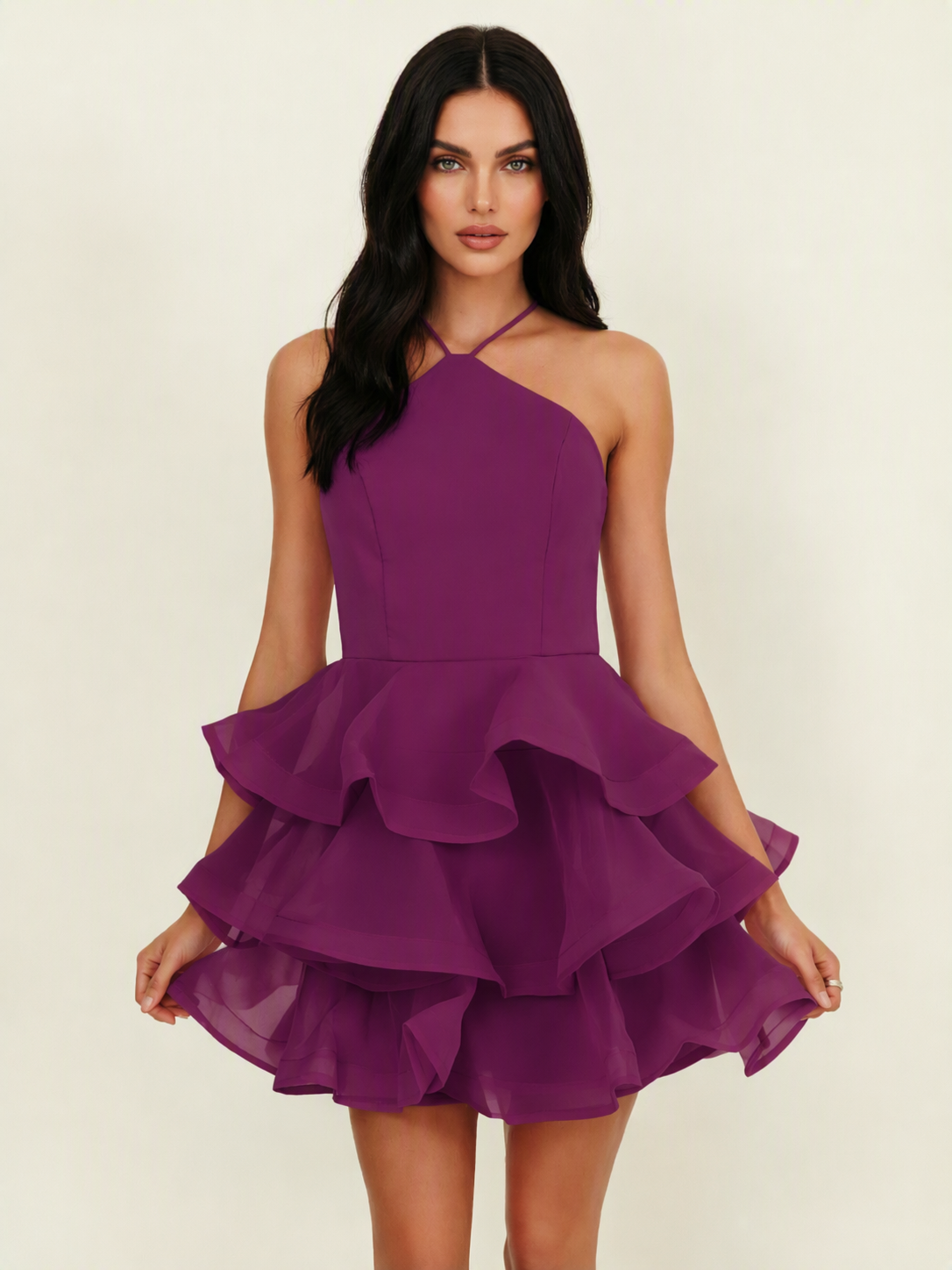 Halter Tiered Ruffle Mini Dress Lace Up Back Cocktail Party Gown