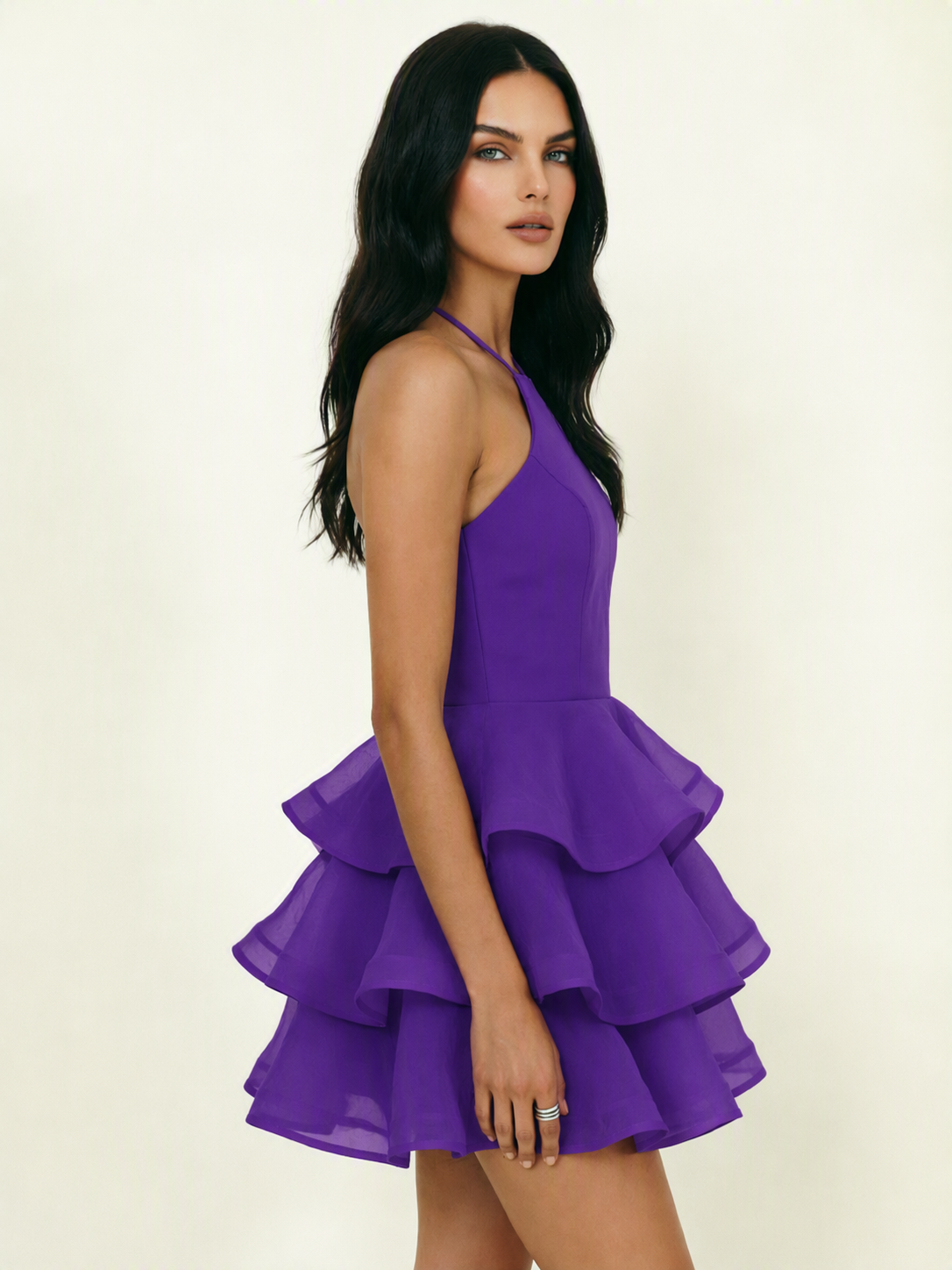 Halter Tiered Ruffle Mini Dress Lace Up Back Cocktail Party Gown