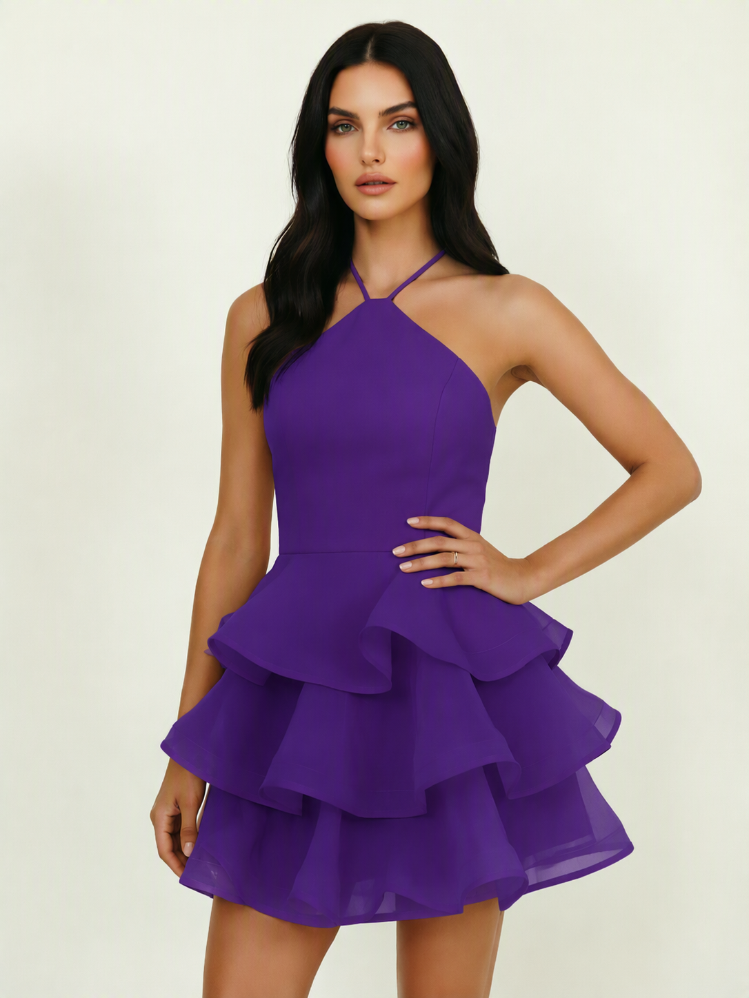 Halter Tiered Ruffle Mini Dress Lace Up Back Cocktail Party Gown