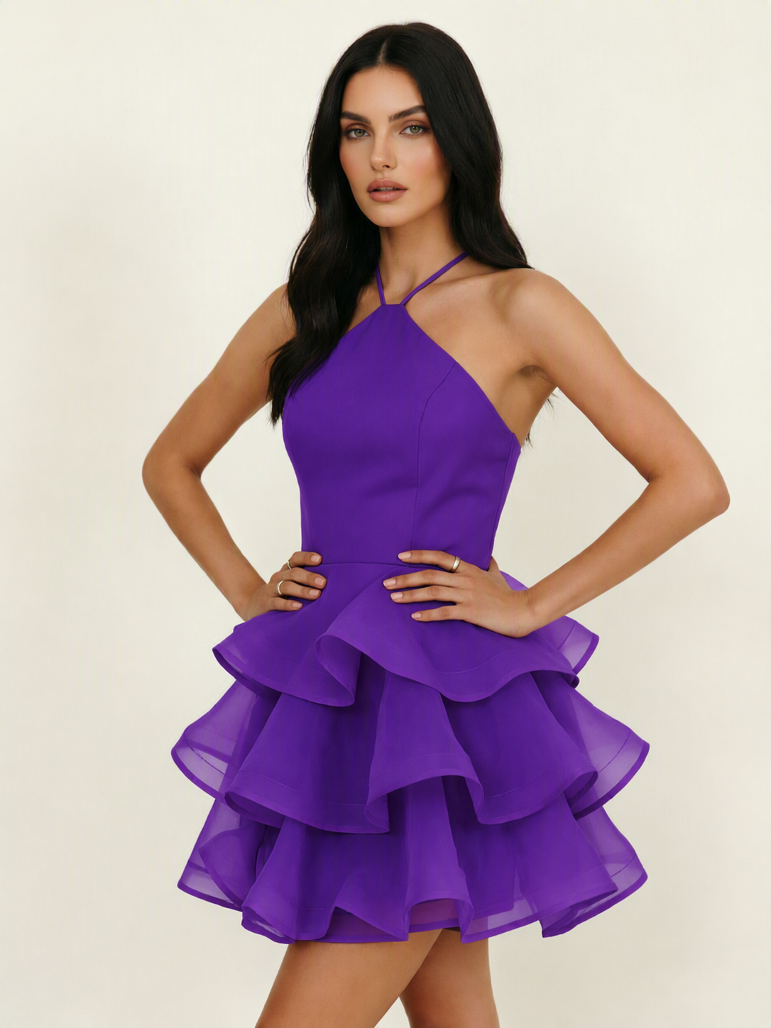 Halter Tiered Ruffle Mini Dress Lace Up Back Cocktail Party Gown