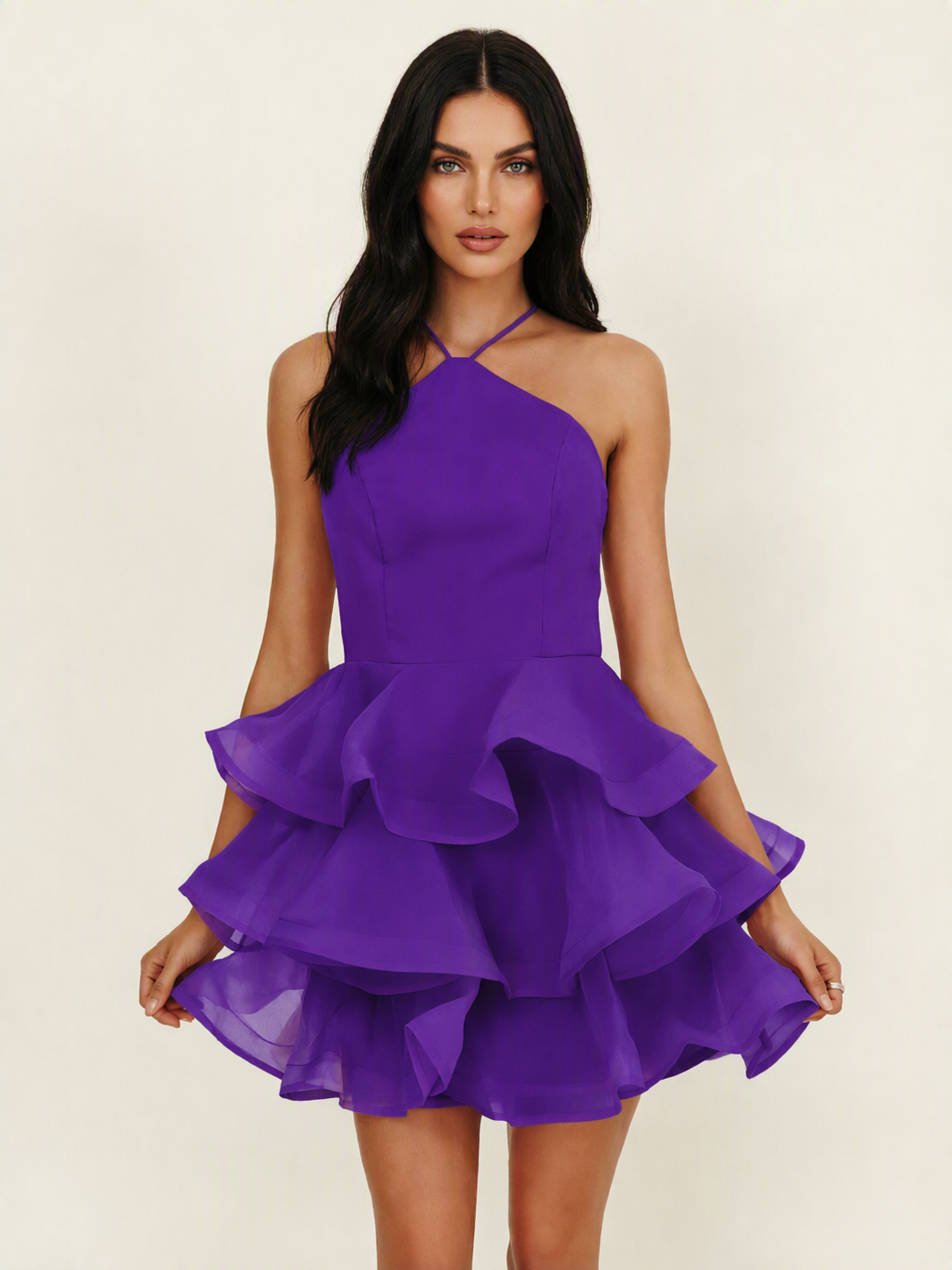 Halter Tiered Ruffle Mini Dress Lace Up Back Cocktail Party Gown