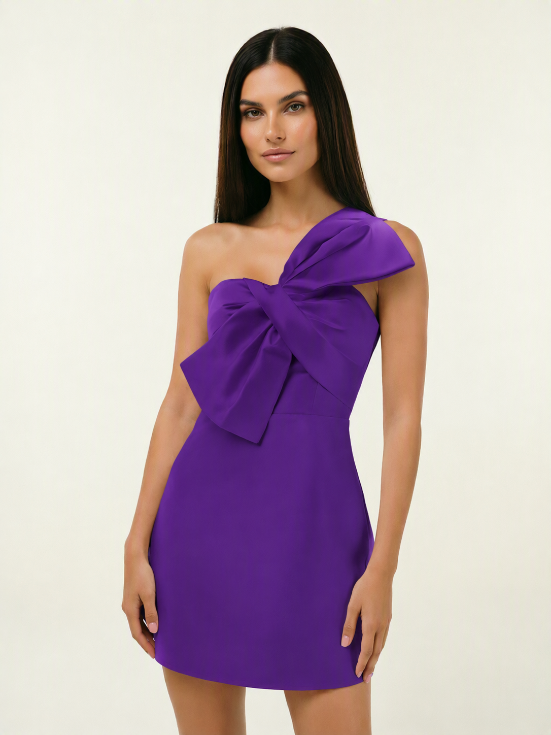 One Shoulder Oversized Bow Satin Mini Dress