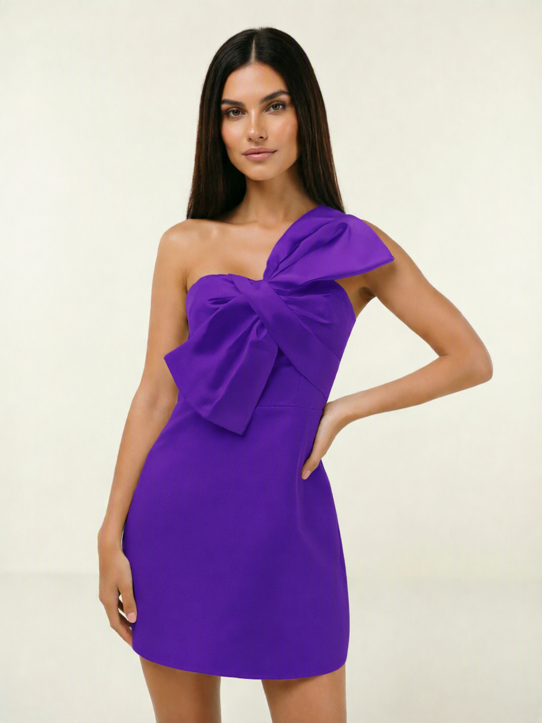 One Shoulder Oversized Bow Satin Mini Dress