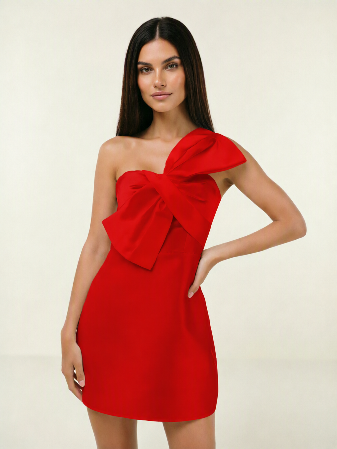 One Shoulder Oversized Bow Satin Mini Dress
