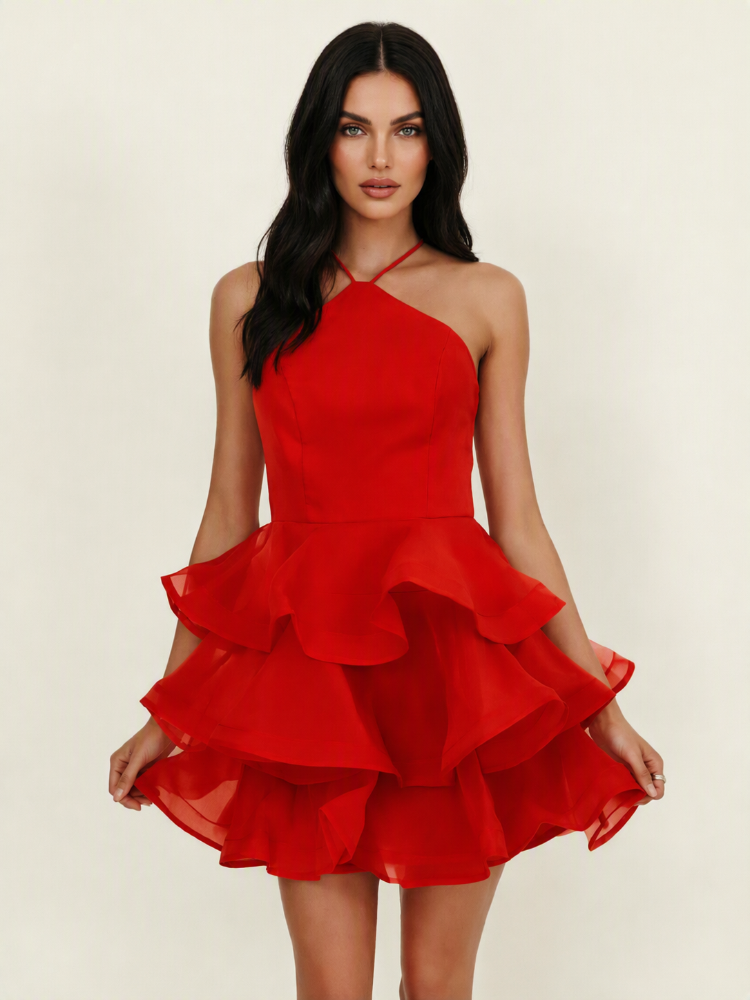 Halter Tiered Ruffle Mini Dress Lace Up Back Cocktail Party Gown