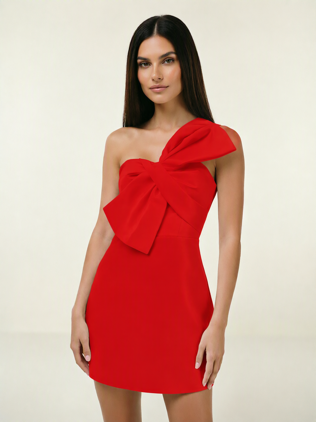 One Shoulder Oversized Bow Satin Mini Dress
