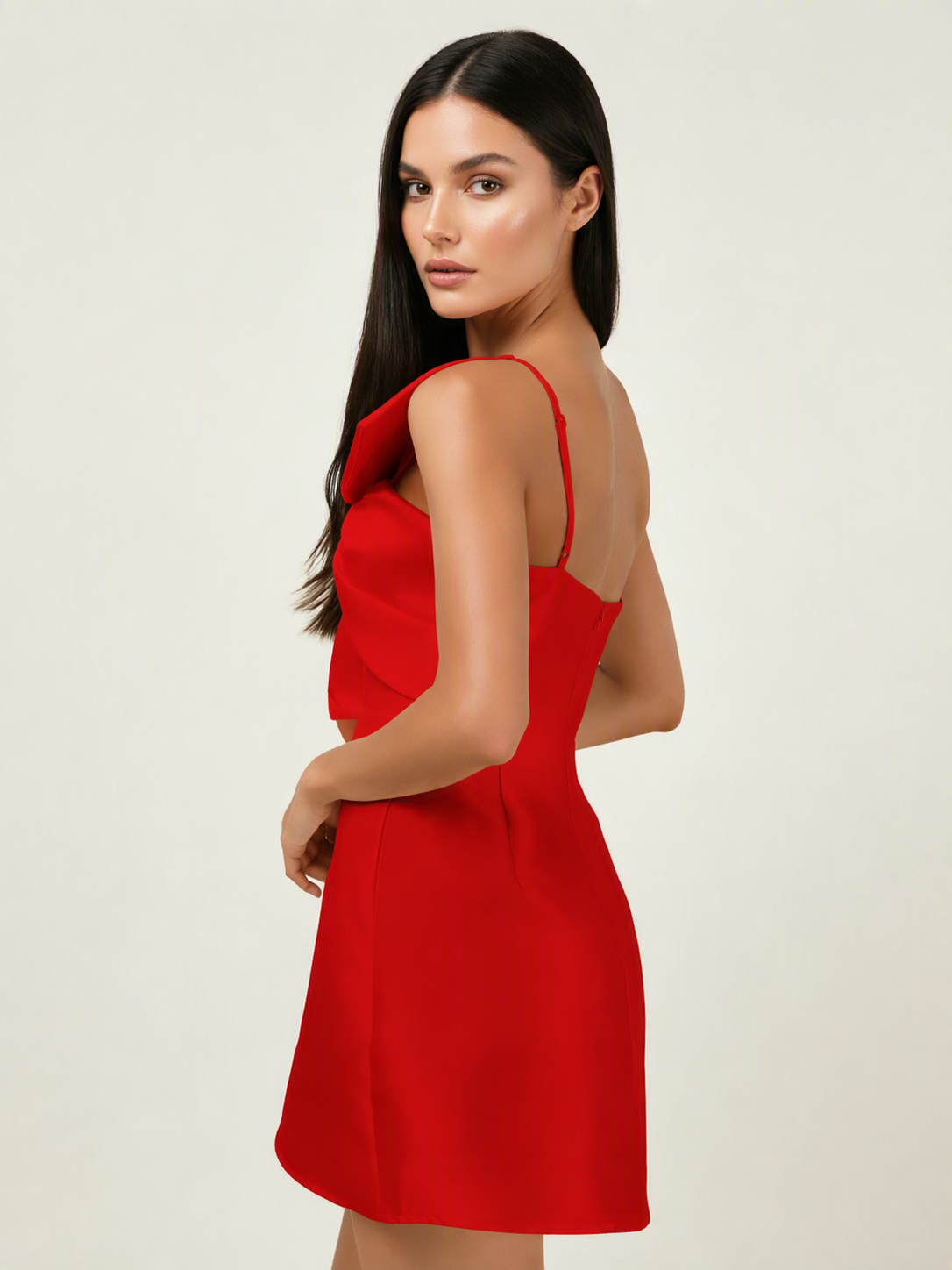 One Shoulder Oversized Bow Satin Mini Dress