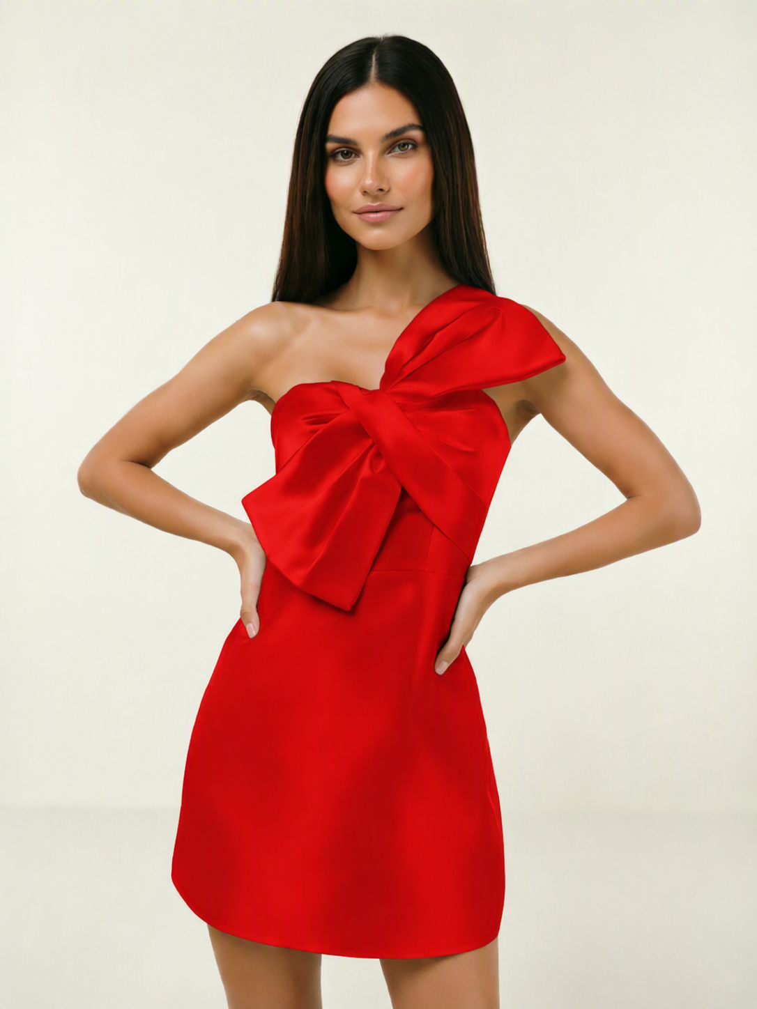 One Shoulder Oversized Bow Satin Mini Dress